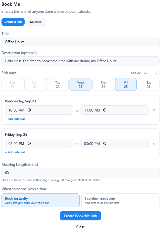 BTWN Book Me link creation form, with day, time, and meeting length options