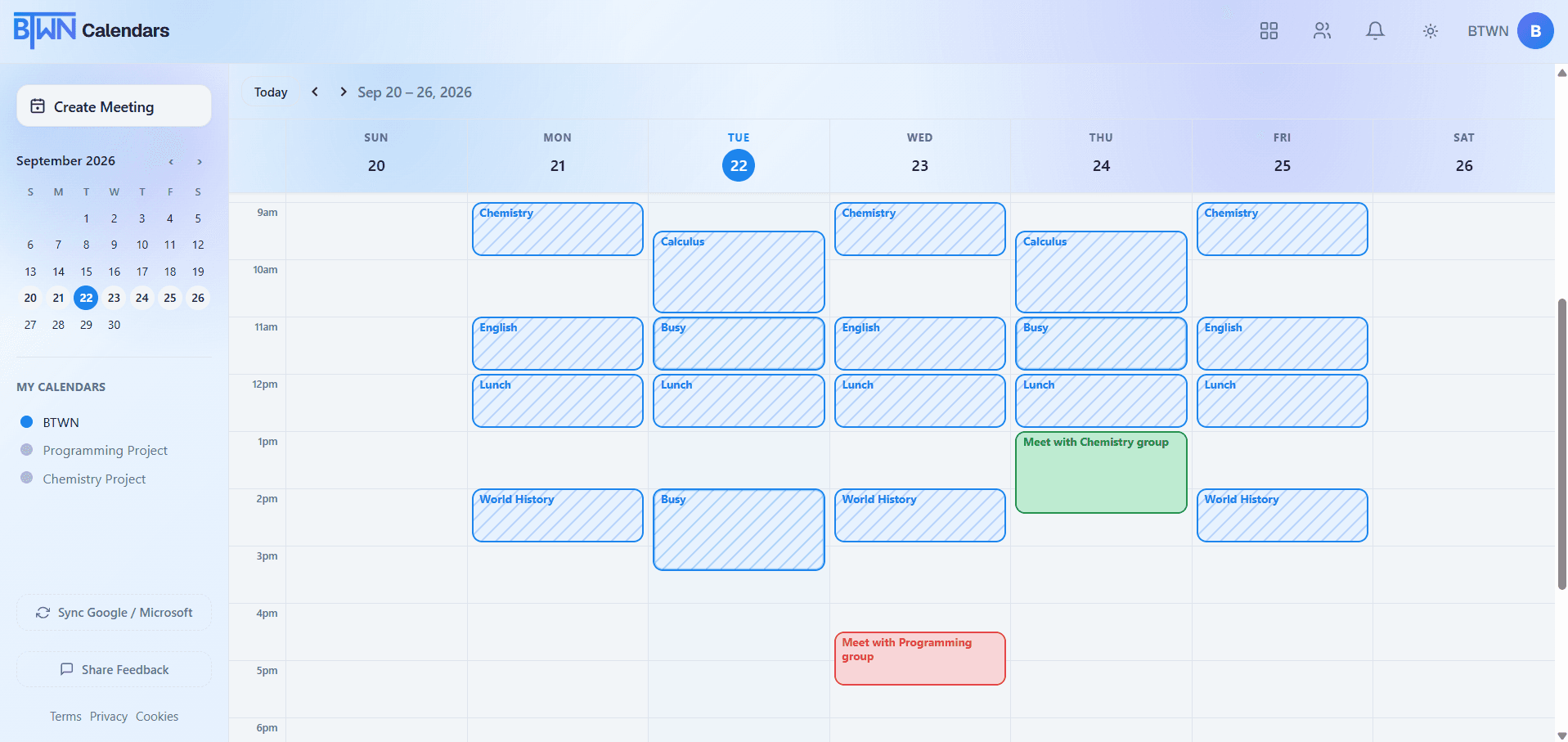 BTWN dashboard showing a user's own calendars with full event details