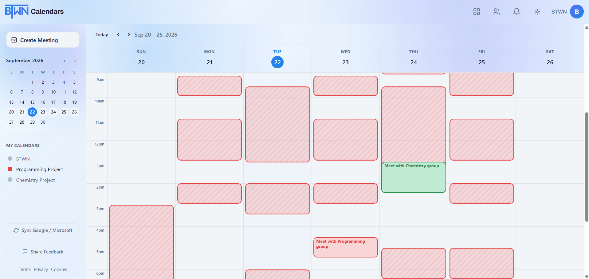 BTWN dashboard showing a team's calendar as anonymous busy blocks, with no event details visible